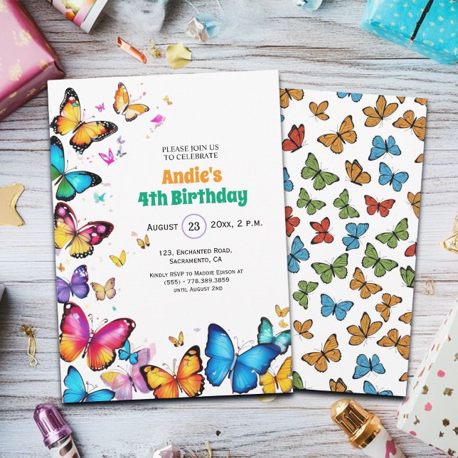 The Joy of Butterflies 4th Birthday Invitation (Creator Uploaded)