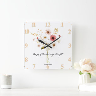 The Joy of the lord minimalist floral Square Wall Clock