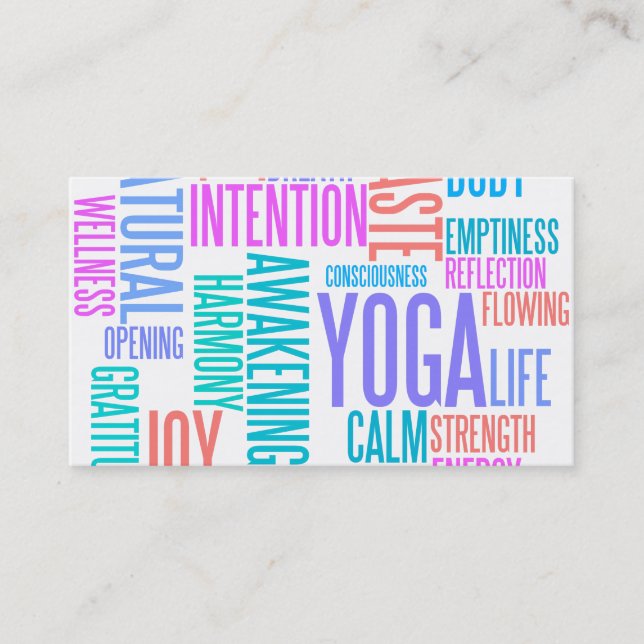 The Joy of Yoga Elegant Pastel Coloured Word Cloud Business Card (Front)
