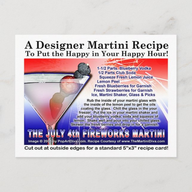 The July 4th Fireworks Martini Recipe Postcard (Front)