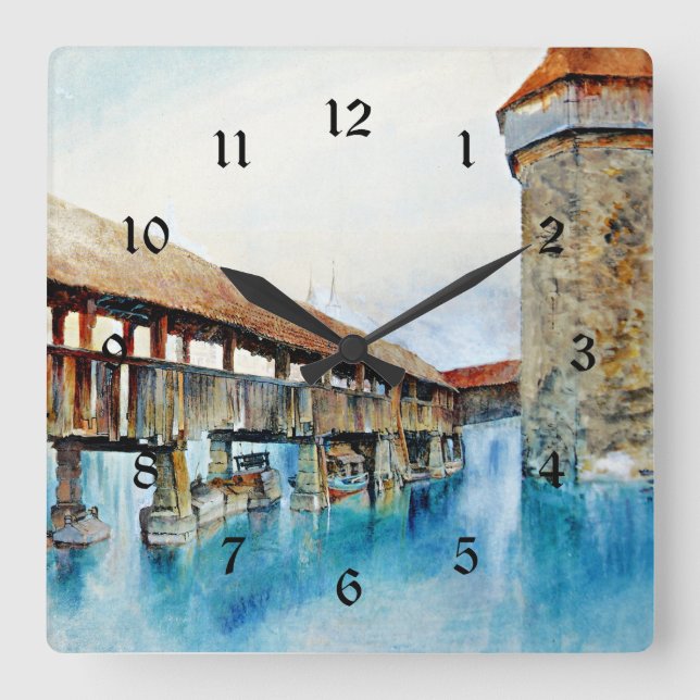The Kapellbrucke, fine art painting,  Square Wall Clock (Front)