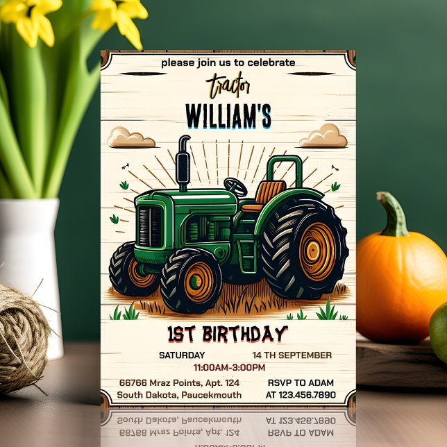 The kids retro boy cool tractor first 1st birthday invitation (Creator Uploaded)