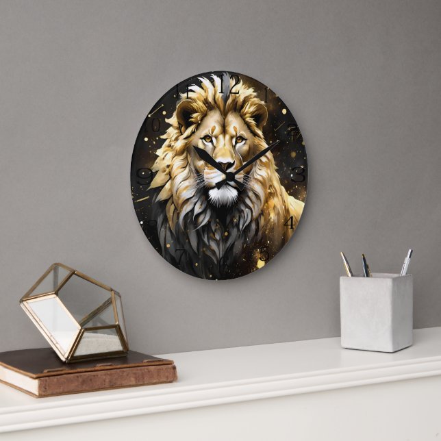 The King: Majestic Gold And Grey Male Lion, Large Clock (Office)