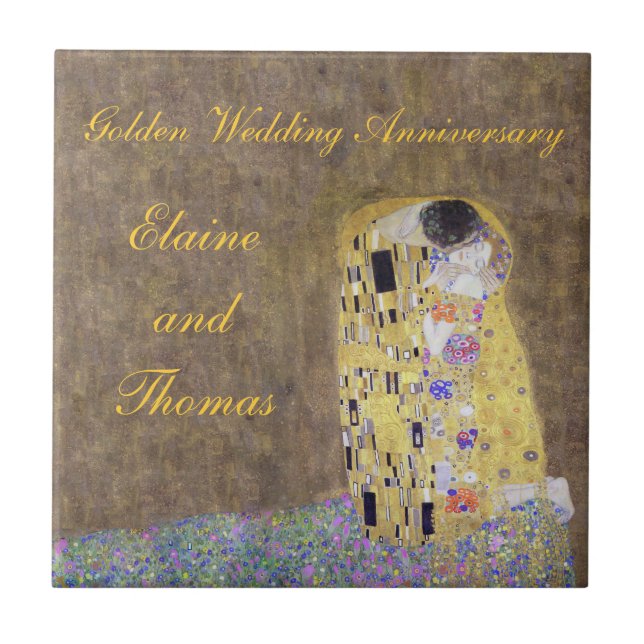 The Kiss Art Nouveau Golden Wedding Anniversary ti Ceramic Tile (Front)