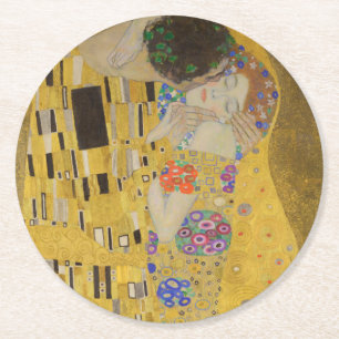 The Kiss, Art Nouveau Oil Painting, Gustav Klimt Round Paper Coaster