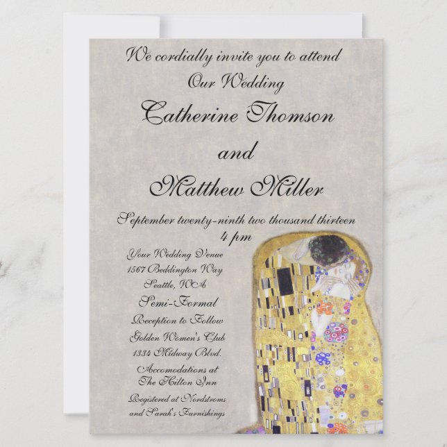 The Kiss by Klimt Wedding White Gold Art Nouveau Invitation (Front)