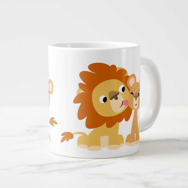 The Kiss: Cute Cartoon Lion Couple Jumbo Mug (Front Right)