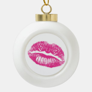 The Kiss, Pink Lips Ceramic Ball Christmas Ornament