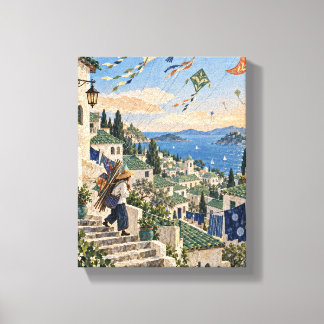 The Kite Seller above Jade Rooftops - Whimsical Co Canvas Print
