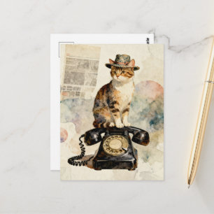 The Kitty on the Vintage Phone Postcard