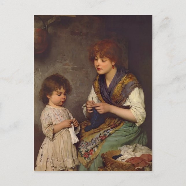 The Knitting Lesson by Eugene de Blaas Postcard (Front)