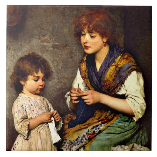 The Knitting Lesson, fine art painting Ceramic Tile (Front)