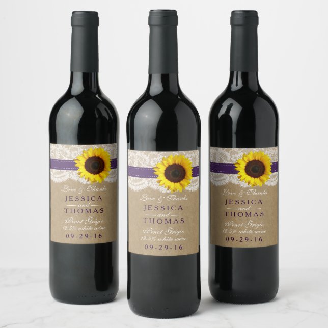 The Kraft, Lace & Sunflower Collection - Purple Wine Label (Bottles)