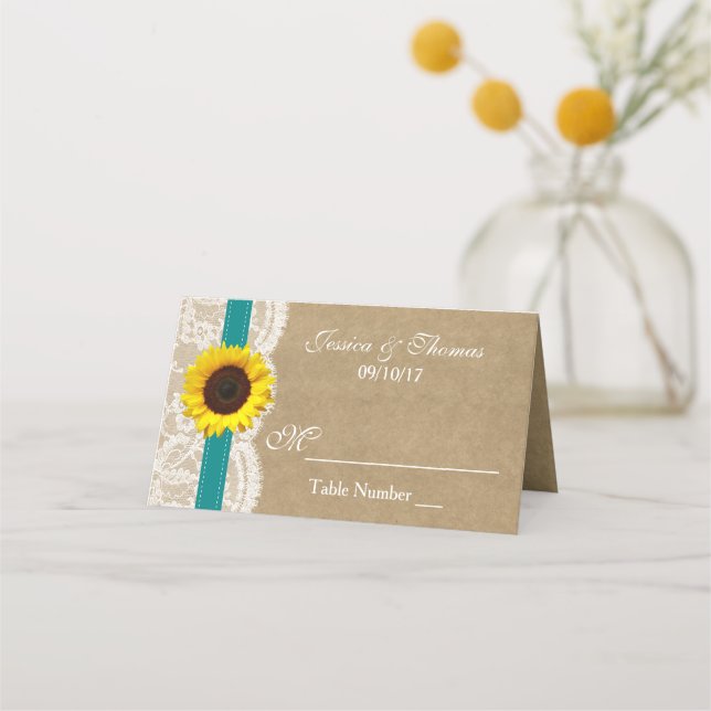 The Kraft, Lace & Sunflower Collection - Teal Place Card (Front)