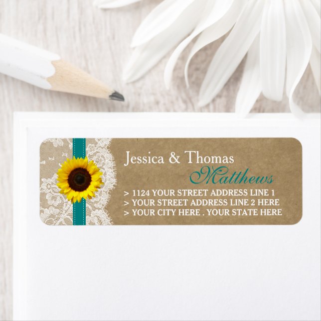The Kraft, Lace & Sunflower Collection - Teal Return Address Label (Insitu)