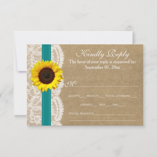 The Kraft, Lace & Sunflower Collection - Teal RSVP Card (Front)