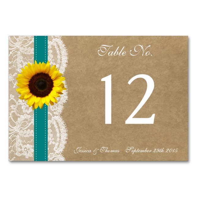 The Kraft, Lace & Sunflower Collection - Teal Table Number (Front)