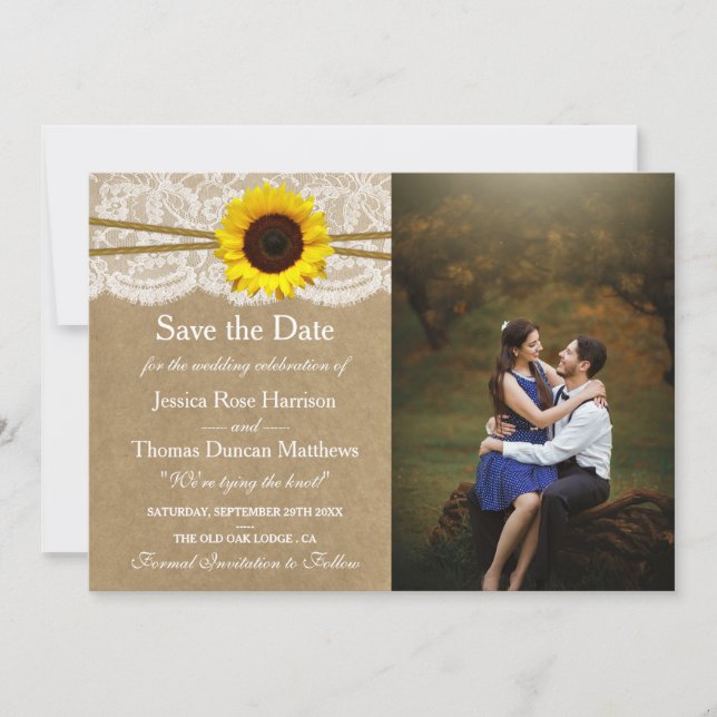 The Kraft, Lace & Sunflower Wedding Collection Save The Date (Front)