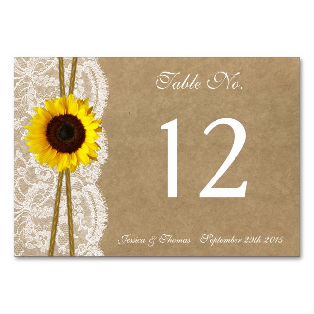 The Kraft, Lace & Sunflower Wedding Collection Table Number (Front)