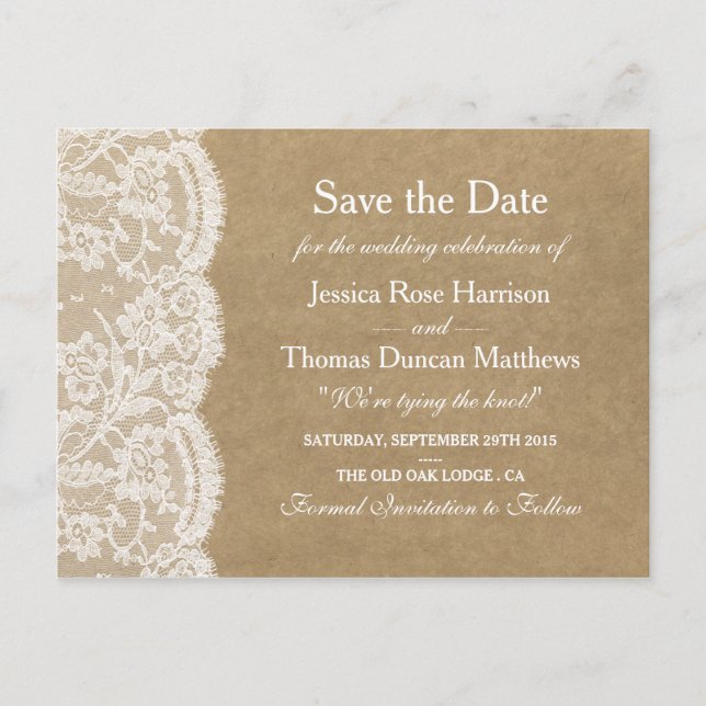 The Kraft & Lace Wedding Collection Save The Date Announcement Postcard (Front)