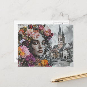 The Lady Collage With Flowers and Buildings Postcard