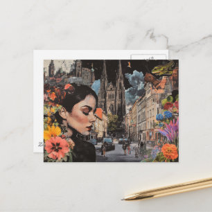 The Lady in a City Collage Flowers Buildings Frogs Postcard