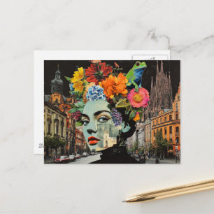 The Lady in a Collage of Flowers Buildings Frogs Postcard