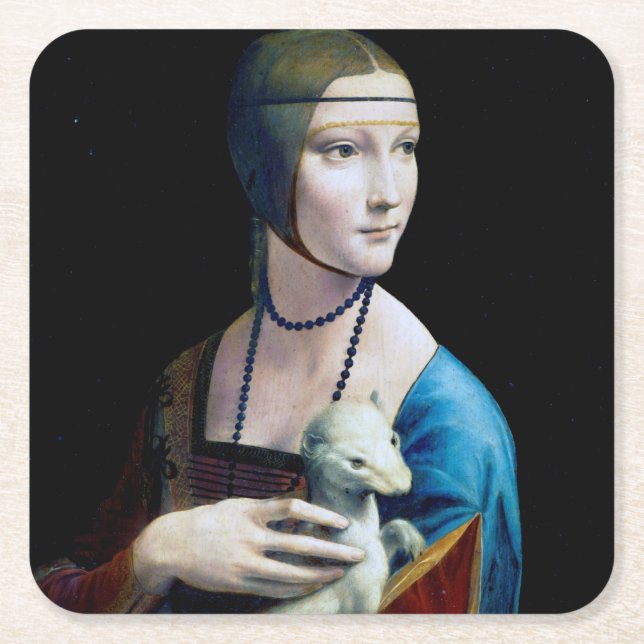 The Lady with an Ermine, Leonardo da Vinci Square Paper Coaster (Front)