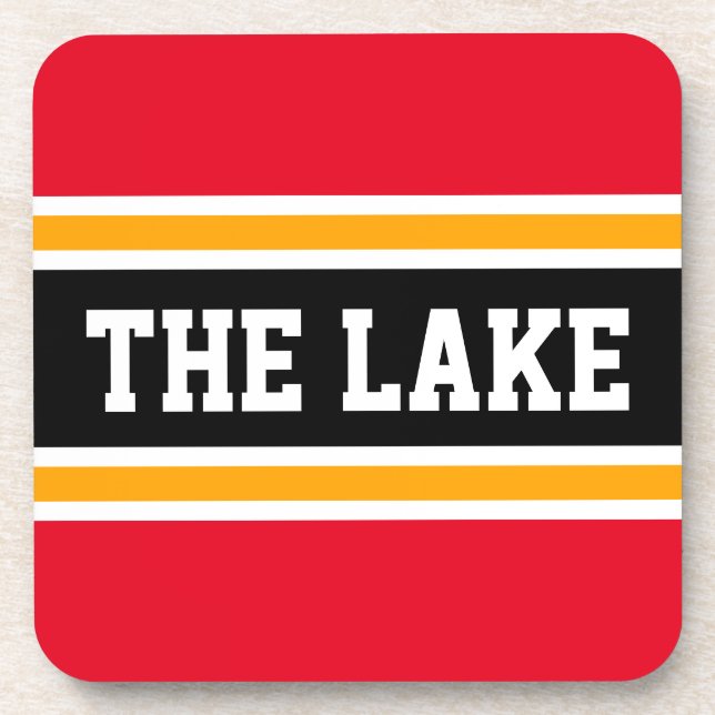 THE LAKE Bright Sporty Red Yellow Black Stripes Coaster (Front)