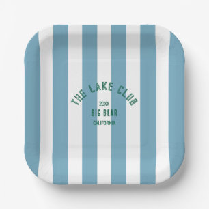 The Lake Club Custom Crest Blue Nautical Stripe Paper Plate
