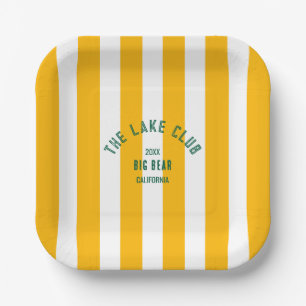 The Lake Club Custom Crest Yellow Nautical Stripe Paper Plate