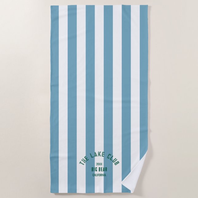The Lake Club Green Crest Blue Nautical Stripe  Beach Towel (Front)