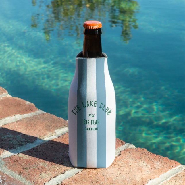 The Lake Club Green Crest Blue Nautical Stripe Bottle Cooler (In Situ Pool)
