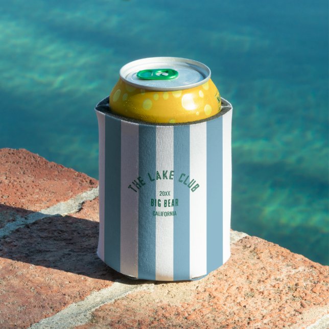 The Lake Club Green Crest Blue Nautical Stripe Can Cooler (In Situ Pool)