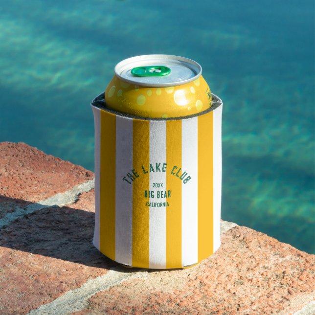 The Lake Club Green Crest Yellow Nautical Stripe Can Cooler (In Situ Pool)