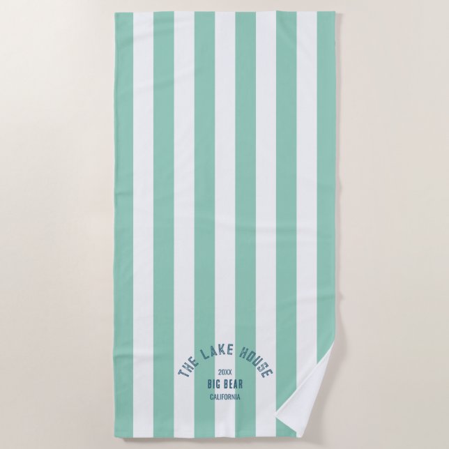 The Lake House Blue Crest Green Nautical Stripe  Beach Towel (Front)
