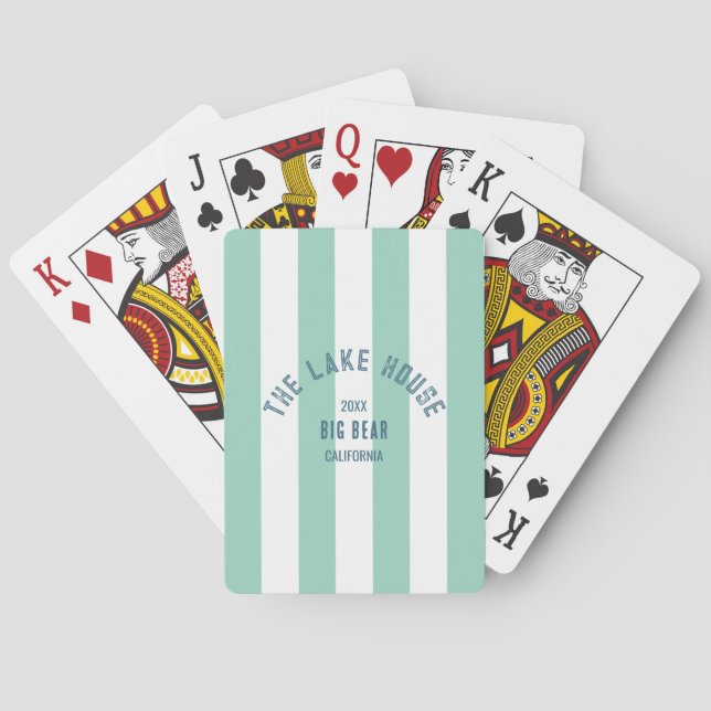 The Lake House Blue Crest Green Nautical Stripe Playing Cards (Back)