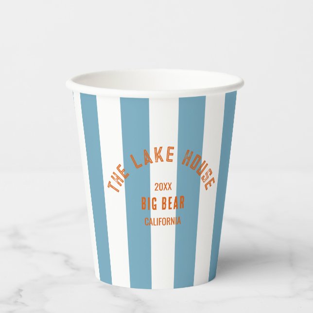 The Lake House Crest Blue Nautical Stripe  Paper Cups (Front)