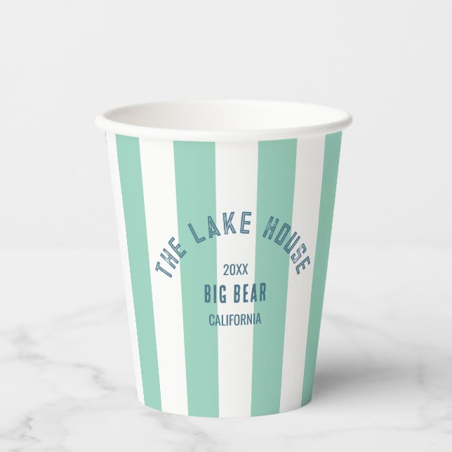 The Lake House Crest Green Nautical Stripe  Paper Cups (Front)