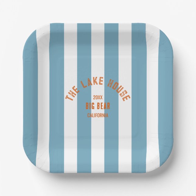 The Lake House Custom Crest Blue Nautical Stripe Paper Plate (Front)
