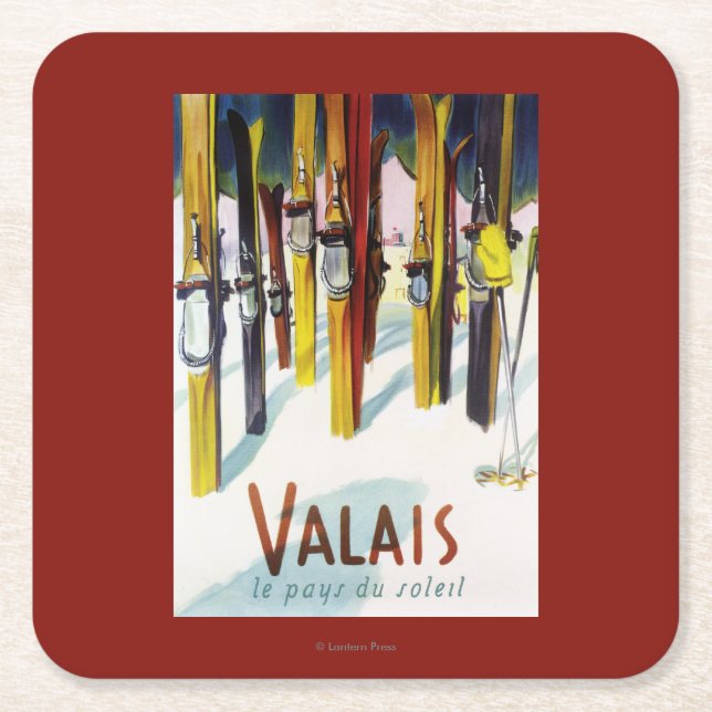 The Land of Sunshine - Skis Standing in Snow Square Paper Coaster (Front)