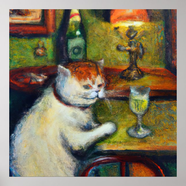 The Last Glass Of Absinthe, Impressionist Cat Art Poster (Front)