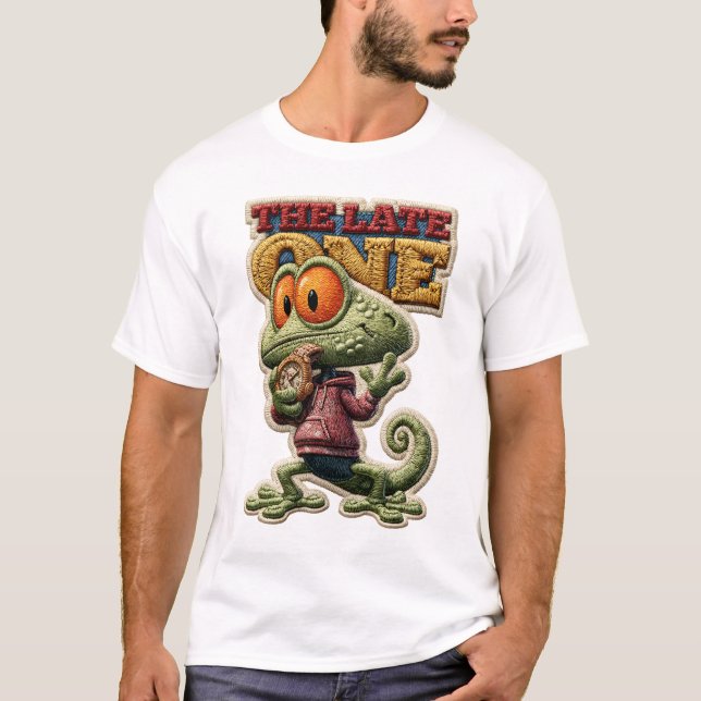 The Late One Funny Chameleon Embroidered Patch T-Shirt (Front)