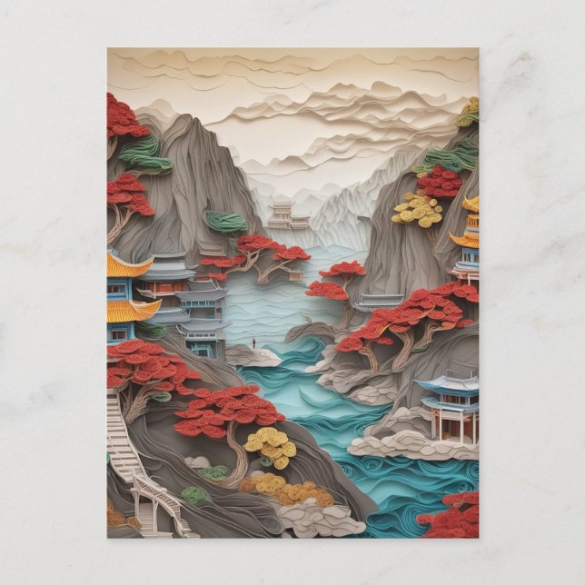 The layered paper Chinese cliff landscape is a bea Holiday Postcard (Front)