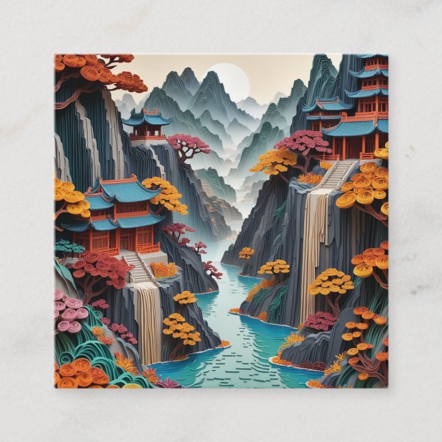 The layered paper Chinese cliff landscape is a bea Square Business Card (Front)