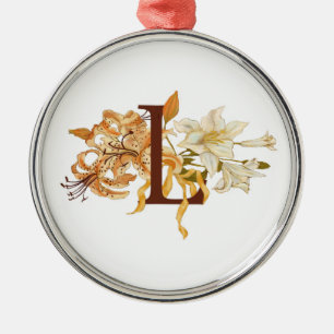The Letter L with Lilies Metal Ornament