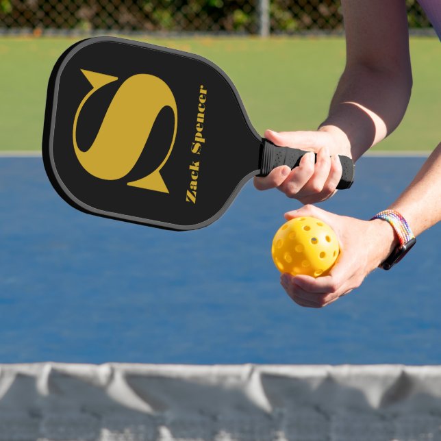 The Letter "S" and a Personal Name Black/Gold Pickleball Paddle (Insitu)