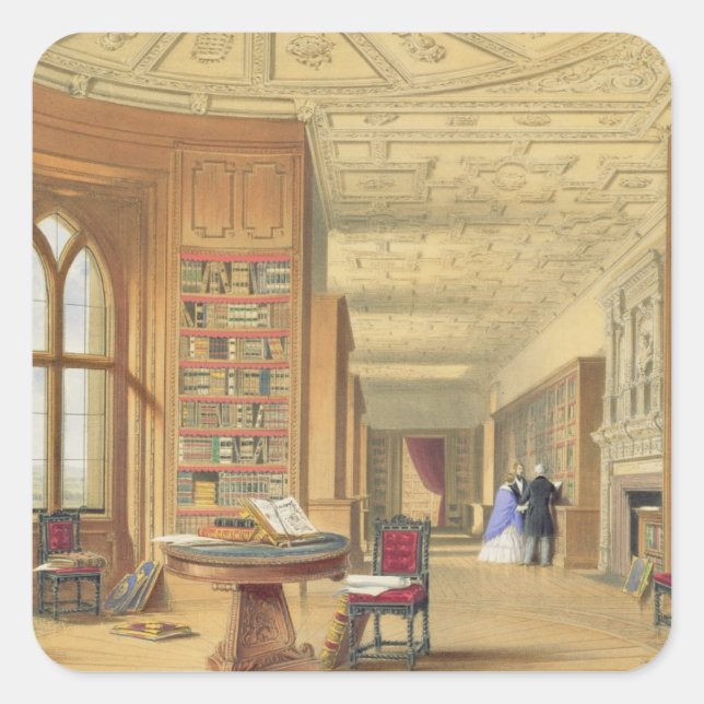 The Library, Windsor Castle, 1838 (colour litho) Square Sticker (Front)