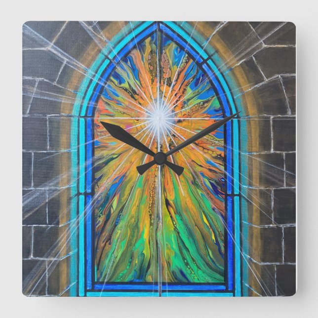 The Light 3 Church Stained Glass Window     Square Wall Clock (Front)