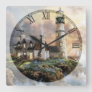 The Lighthouse Fine Art Roman Numeral Square Wall Clock
